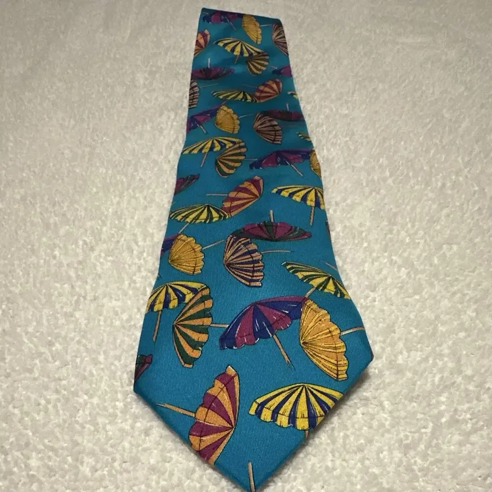 Kenneth Gordon Italian Silk Hand-Sewed Necktie Hand Printed Beach Umbrellas